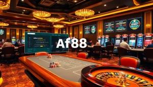 Players enjoying an immersive gambling experience at Af88 casino with poker tables and slot machines.