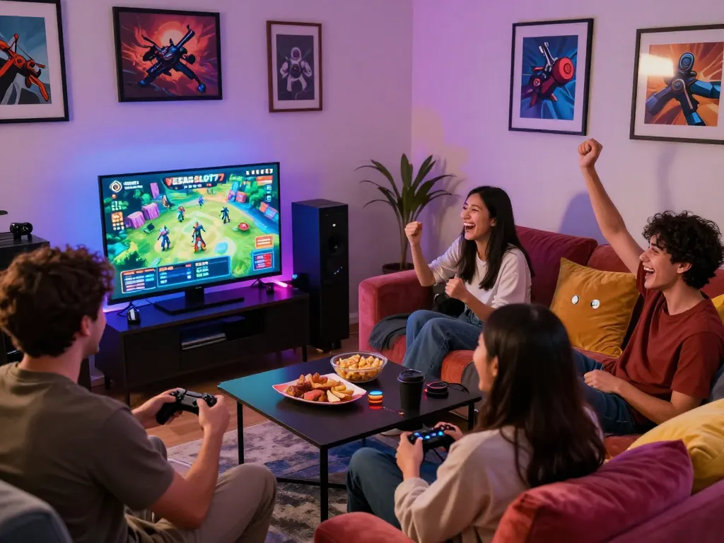 Friends enjoying the VEGASSLOT77 online gaming experience in a vibrant living room setting