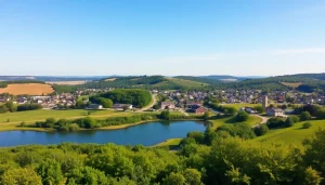 Engaging view of Clarksburg’s landscape with lake and greenery under clear skies.