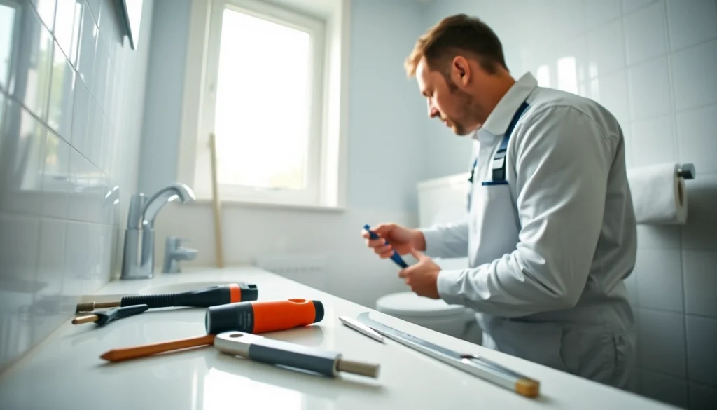 Plumber performing toilet repair in a bright, modern bathroom setting.