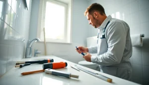 Plumber performing toilet repair in a bright, modern bathroom setting.