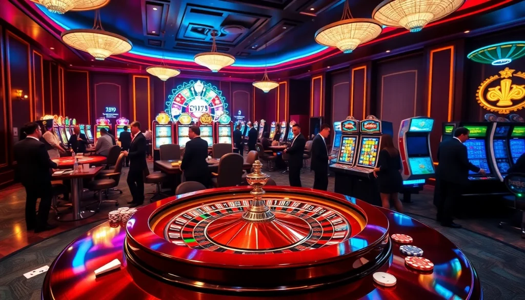 TK999 players enjoying a sophisticated casino atmosphere with roulette and slot machines.