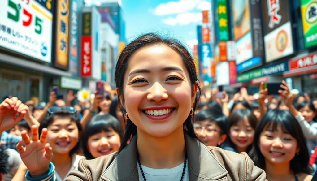 日本の有名人に関連した動きのあるトピックを紹介するシーンを描写