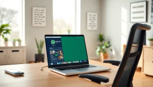 WhatsApp Web interface displayed on a laptop in a modern home office setup, showcasing productivity.