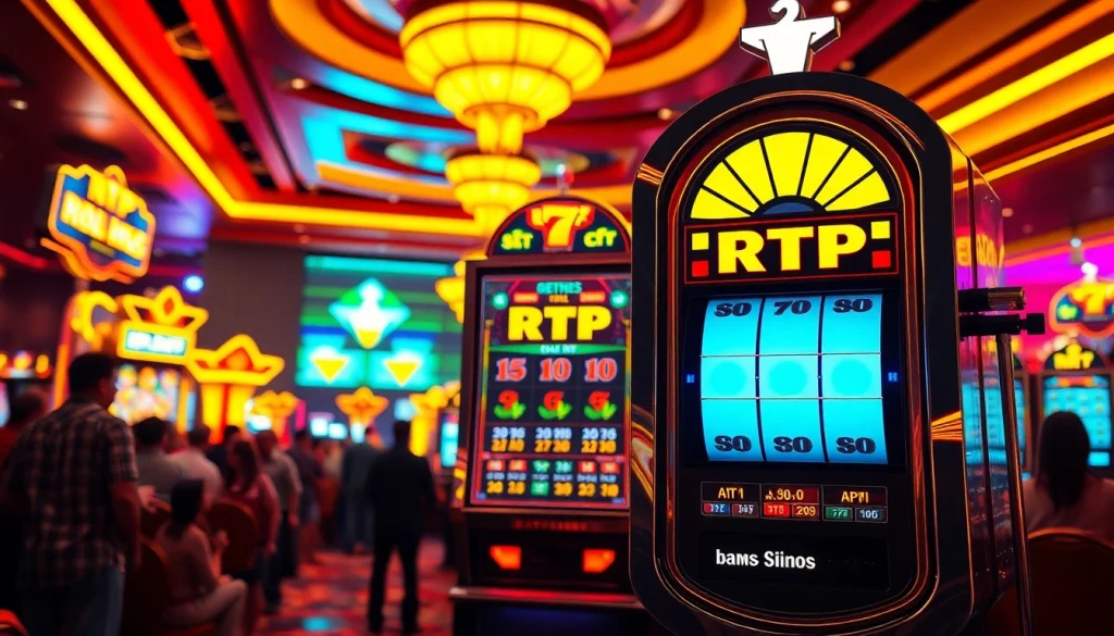 Engage with the RTP slot machine in a lively casino scene filled with excitement and energy.