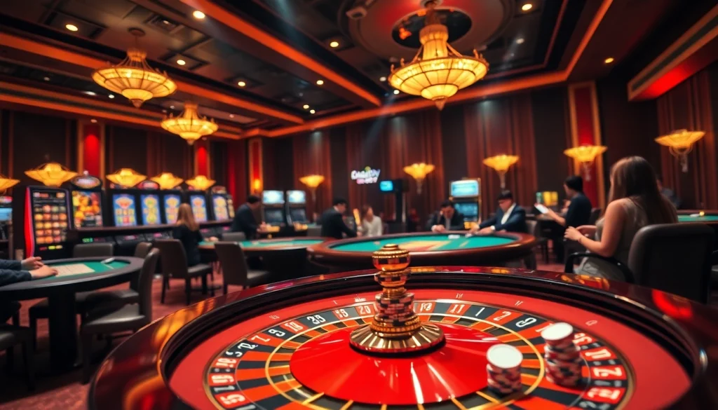 Joueurs s'engageant dans des jeux passionnants dans un casino en ligne, présentant des tables vibrantes et un gameplay palpitant.