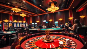 Joueurs s'engageant dans des jeux passionnants dans un casino en ligne, présentant des tables vibrantes et un gameplay palpitant.