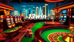 Experience the excitement at 13win with sleek poker tables and vibrant slot machines.