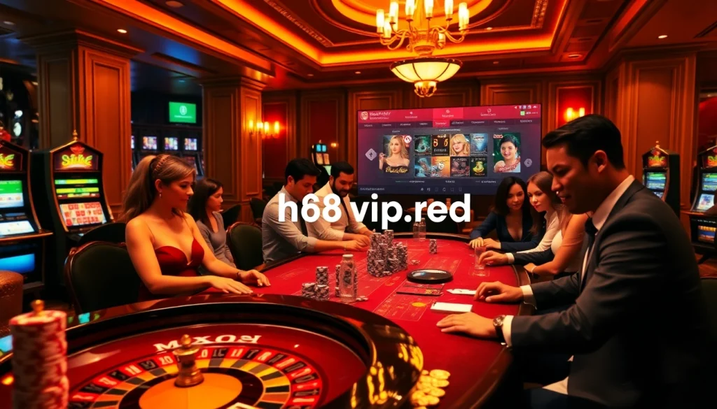 Experience the excitement of online gambling at https://68vip.red/, featuring vibrant casino tables and engaging slot machines.