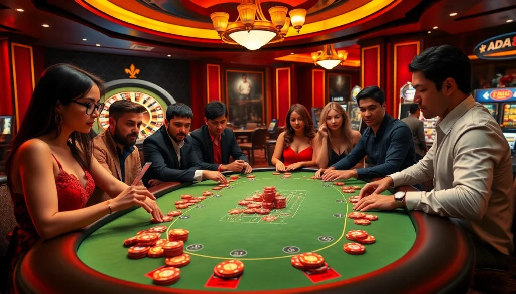 Players strategically bet at a luxurious poker table in DA88 casino atmosphere.