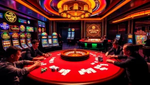 Hitclub players engaging in high-stakes poker amid a luxurious casino setup with vibrant gaming tables.