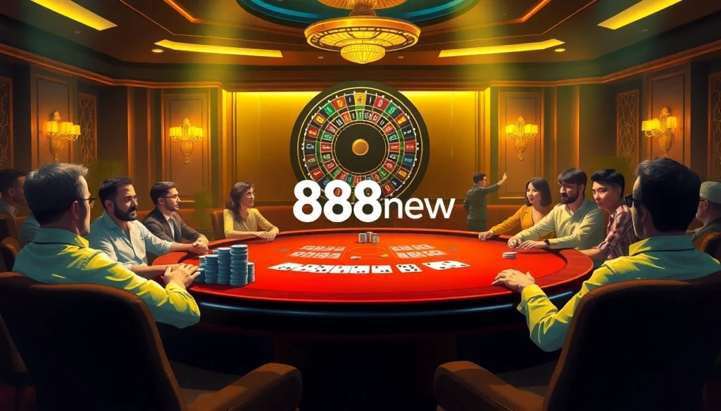 Exciting poker game at a luxurious casino featuring 888new branding and vibrant atmosphere.