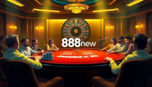 Exciting poker game at a luxurious casino featuring 888new branding and vibrant atmosphere.