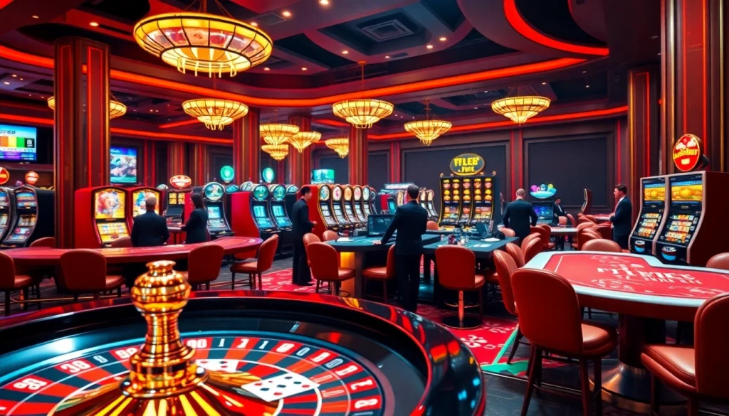Engaging players at a mmoobet casino table, featuring roulette and colorful slot machines.