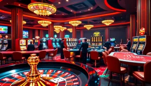 Engaging players at a mmoobet casino table, featuring roulette and colorful slot machines.