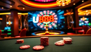 Experience the excitement of U888 with a lively casino scene featuring poker chips and roulette.