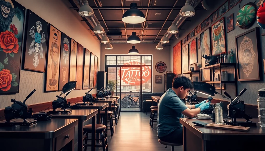 A vibrant tattoo shop interior featuring professional artists at work, showcasing the creativity tied to https://89bet.tattoo/.
