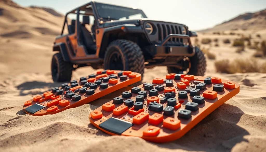 Traction Boards positioned in sandy terrain enhance off-road vehicle functionality and safety.