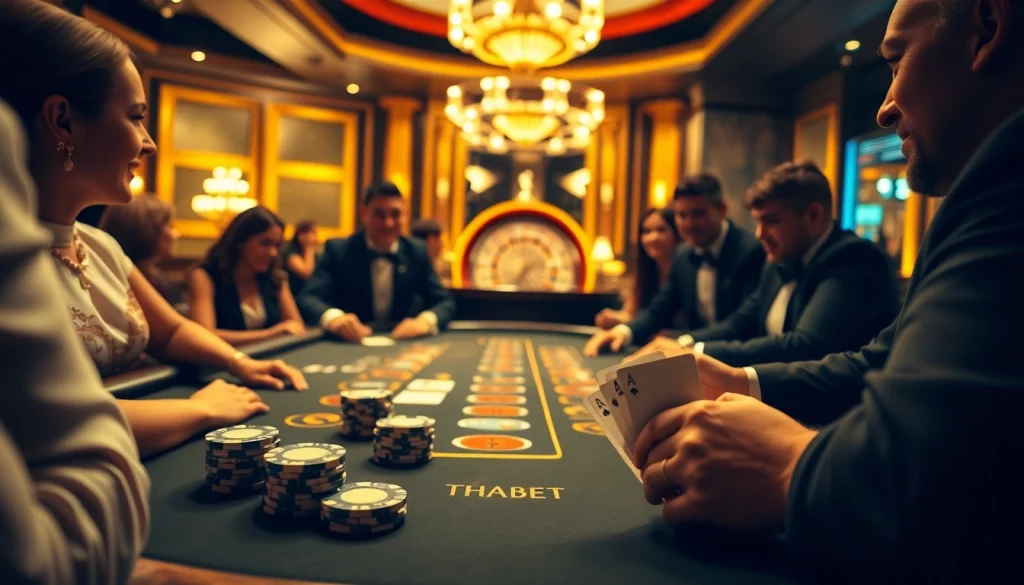 Experience high-stakes gambling at THABET with players enjoying blackjack under vibrant lights.