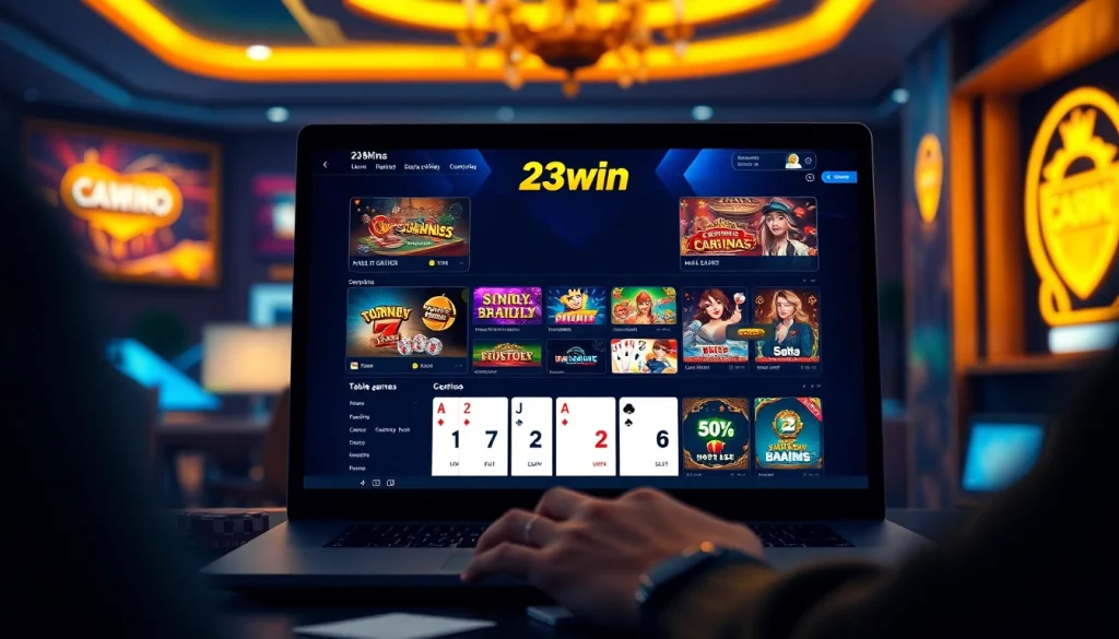 Discover the exciting online gaming experience with 23win's vibrant casino interface featuring slots and table games.
