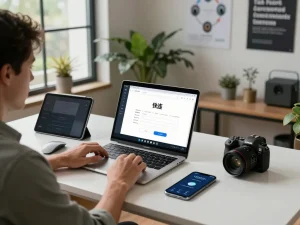 在现代办公室中展示轻松访问全球网络的快连下载在笔记本电脑上的图像