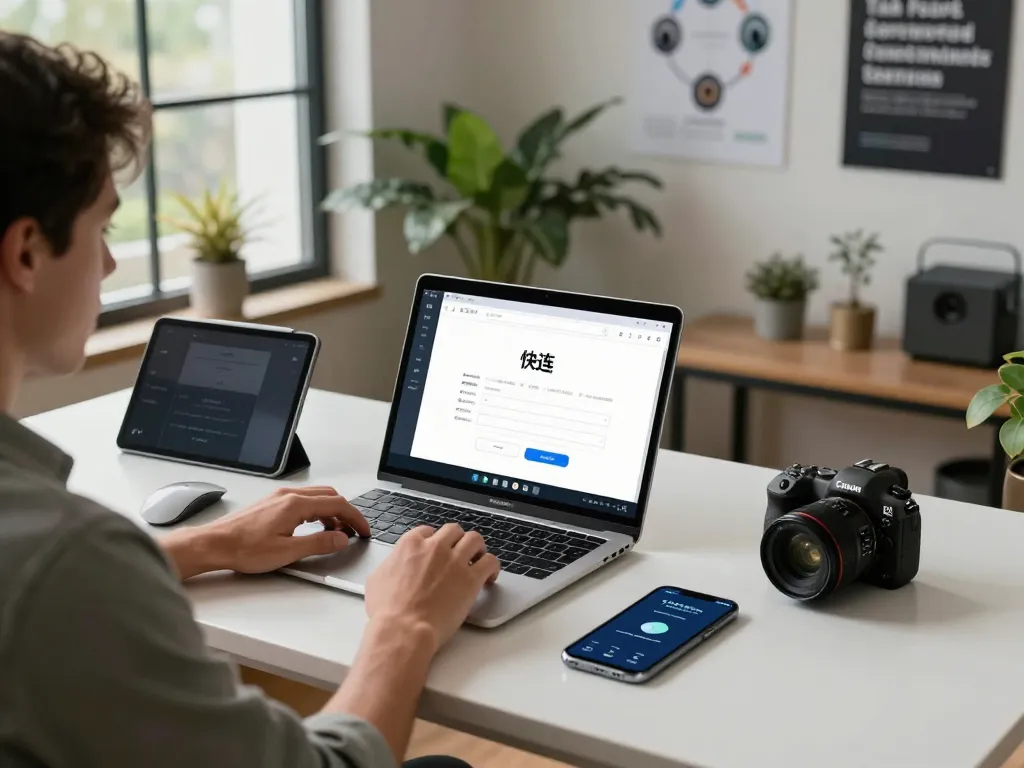 在现代办公室中展示轻松访问全球网络的快连下载在笔记本电脑上的图像