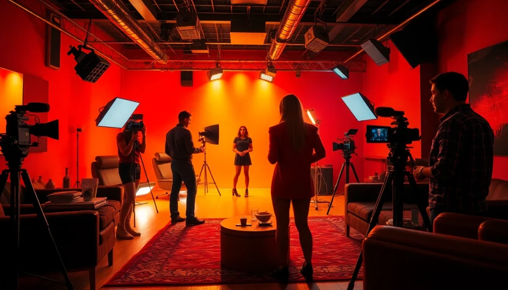 Scene from https://nangcuc.in/ depicting a vibrant adult entertainment studio with actors and crew.