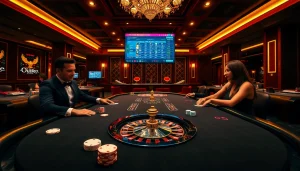 Experience thrilling gaming action at https://oxbet7.com/ with luxury casino tables and vibrant poker chips.