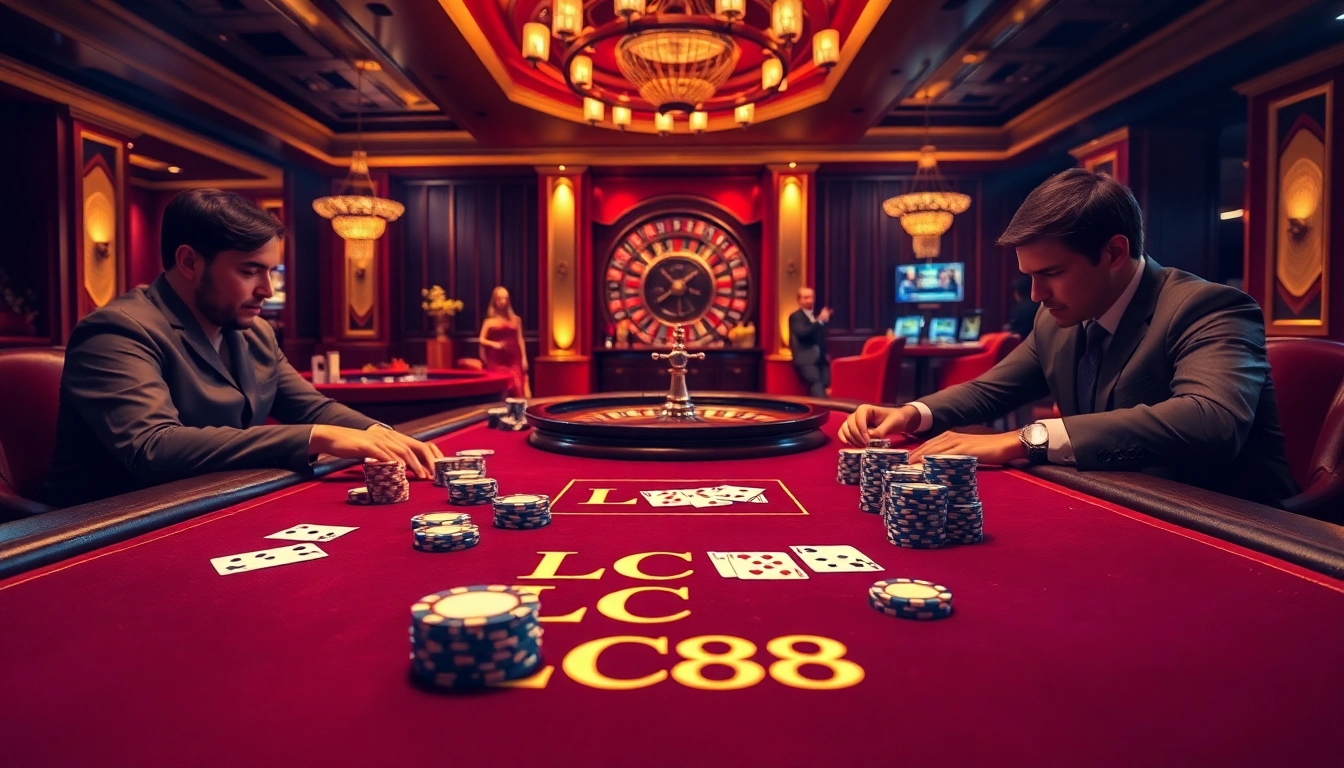 Players winning big at LC88's high-end poker table in a luxurious casino environment.