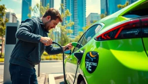 EV Charging Installation in progress with an installer connecting a charger to a sleek electric vehicle.