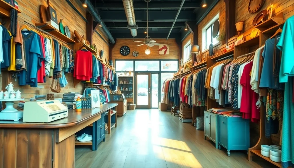 Visitors exploring a second hand shop filled with vintage clothing and unique finds.