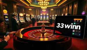 Players engage at a glamorous roulette table, highlighting the thrilling atmosphere of 33win gambling.