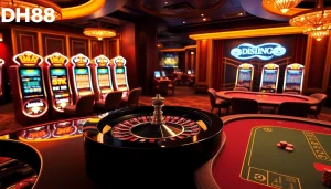 A thrilling casino scene showcasing DH88 online gambling with roulette, slot machines, and poker tables.