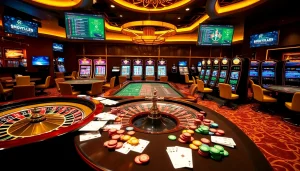 Exciting gambling experience at https://topclub.bond/ with poker tables, roulette wheel, and slot machines.