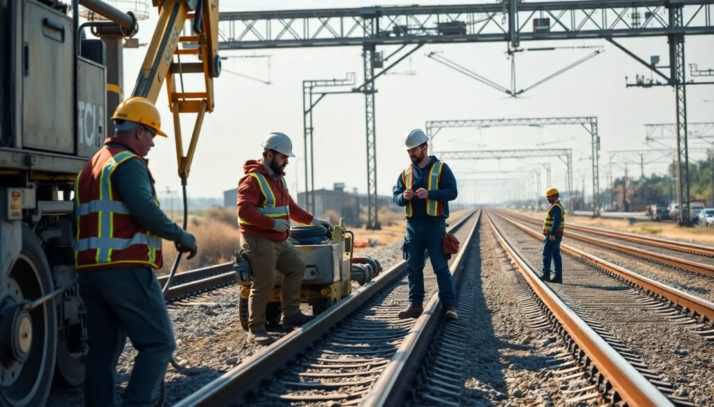 Railroad Contractors Near Me working on a rail installation, showcasing teamwork and machinery in a natural setting.