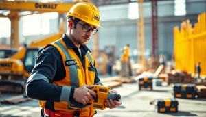 Erforschen Sie Dewalt-Angebote, die einen qualifizierten Handwerker bei der Nutzung von DeWalt-Werkzeugen in einer lebendigen Baustellenumgebung zeigen.