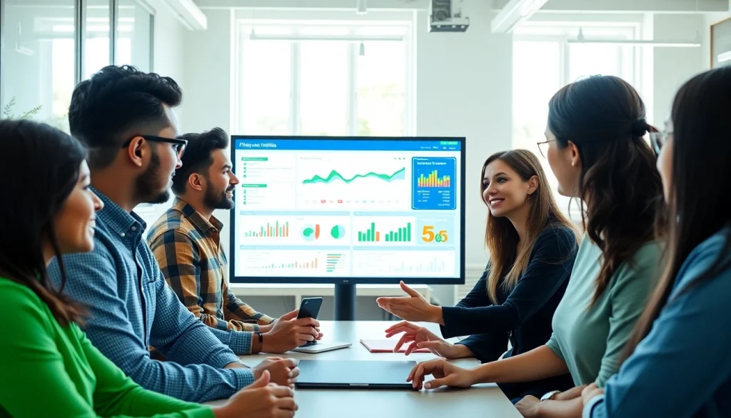 Engaging team analyzing movenetics strategies in a modern workspace with data visuals.