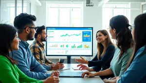 Engaging team analyzing movenetics strategies in a modern workspace with data visuals.