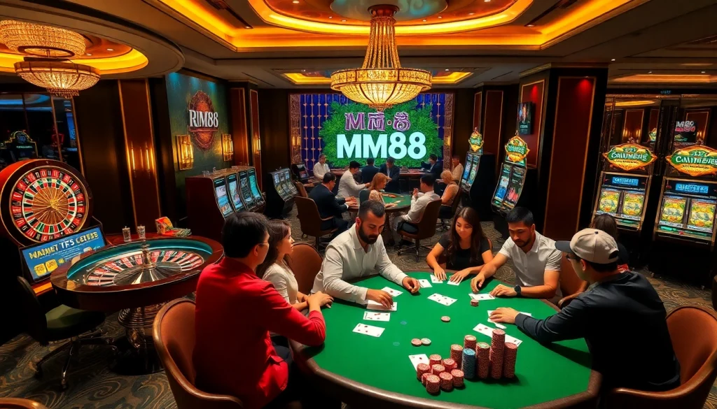 MM88 players engaging at a vibrant poker table with colorful chips and cards.