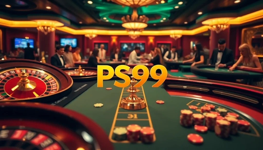 Experience a thrilling gaming atmosphere at PS99, featuring roulette, poker, and vibrant casino action.