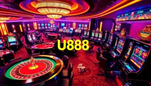 Experience U888's vibrant casino atmosphere with colorful games and engaging players.