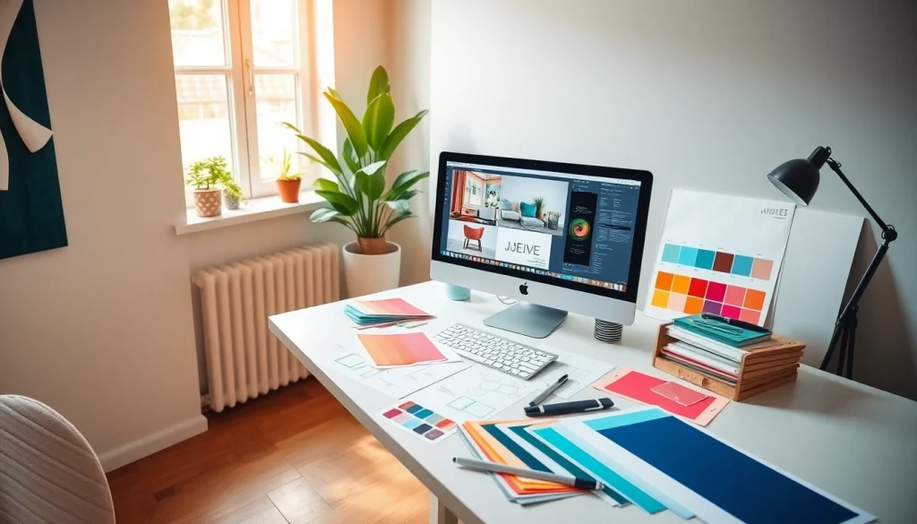 Projektowanie wnętrz online z ergonomiczną przestrzenią do pracy i kreatywnymi materiałami.