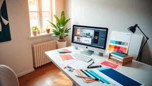 Projektowanie wnętrz online z ergonomiczną przestrzenią do pracy i kreatywnymi materiałami.