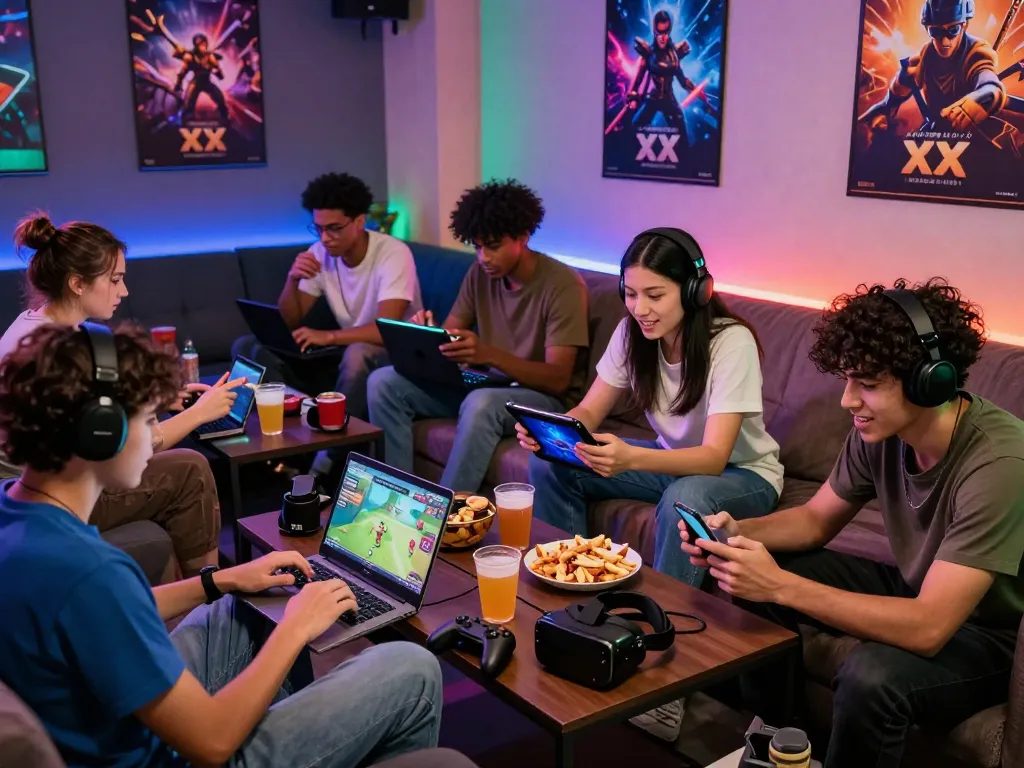 Friends enjoying xxx games in a colorful gaming lounge with snacks and devices.