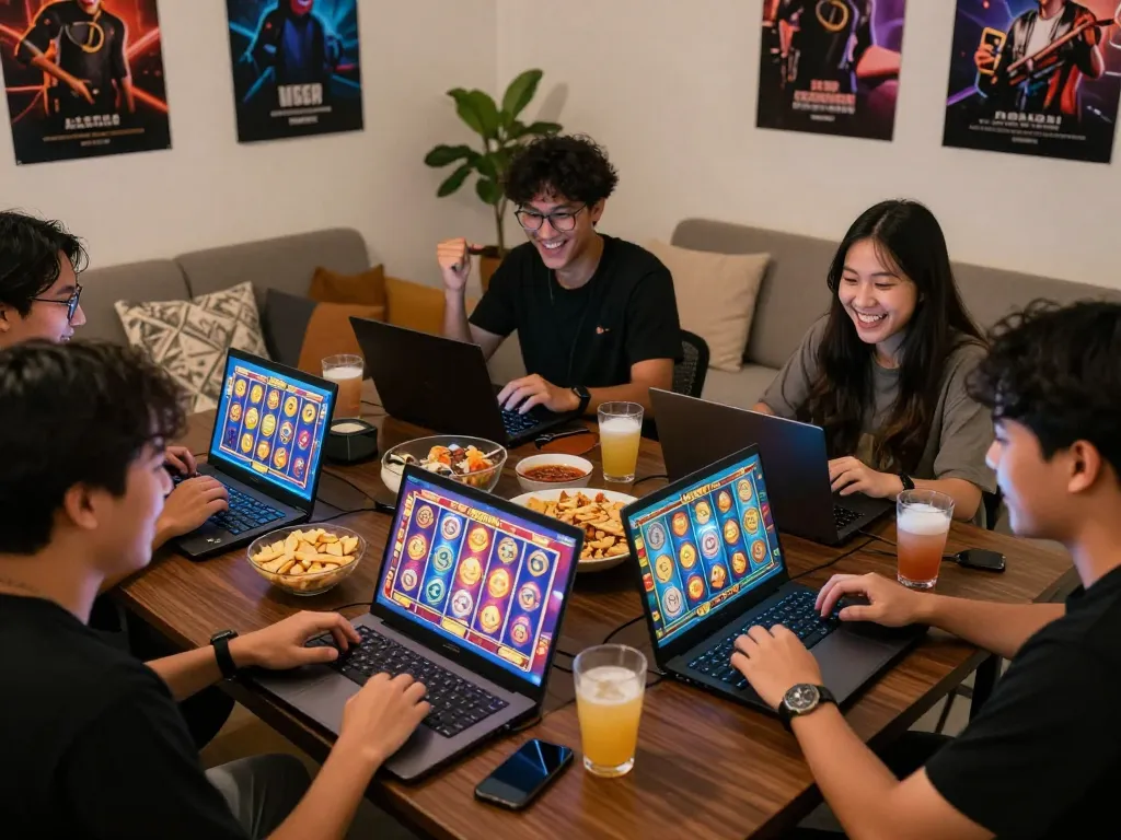 Sesi permainan yang mengasyikkan dengan teman-teman bermain slot gacor hari ini di laptop dan smartphone di ruang tamu yang nyaman.