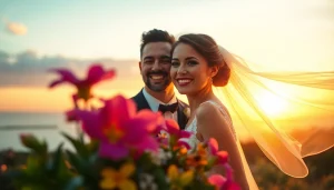 Wedding photographer capturing a couple's joy during their sunset ceremony.
