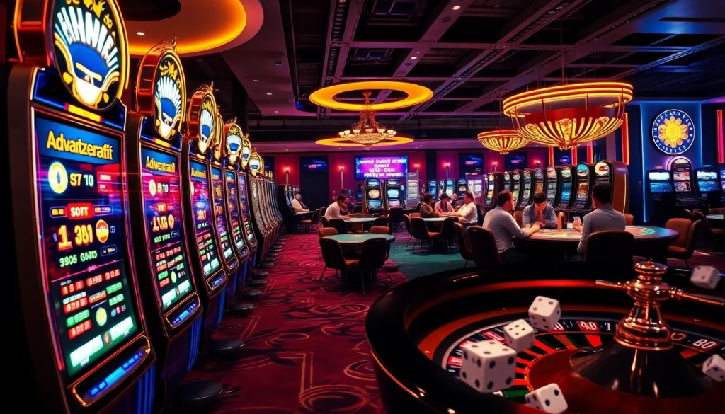 A vibrant casino scene showcasing link alternatif slot excitement with slot machines and poker tables illuminated.