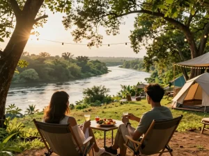 Dandeli resorts offer picturesque views with couples enjoying riverside dining amidst lush greenery.