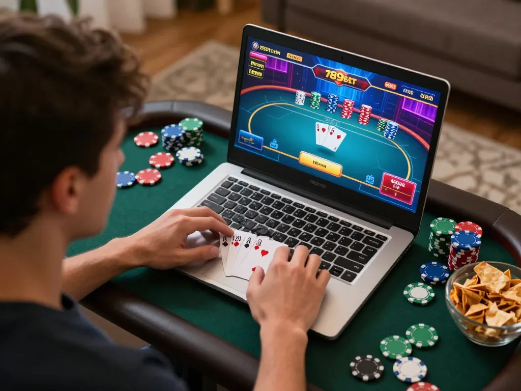 A player engaging in a poker game on 789bet com, showcasing a vibrant online casino atmosphere with colorful chips and snacks.