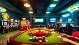 U888 online casino scene showcasing vibrant slot machines and engaging poker gameplay.